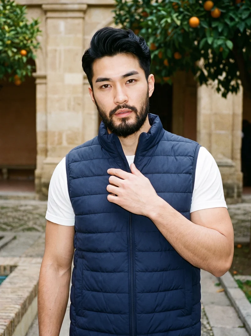 A 25-year-old Japanese man is shown from the front in an upper-body view wearing a men's navy padded gilet, with his fingers at his chest and a neutral expression. A Seville Courtyard backdrop is visible behind him.