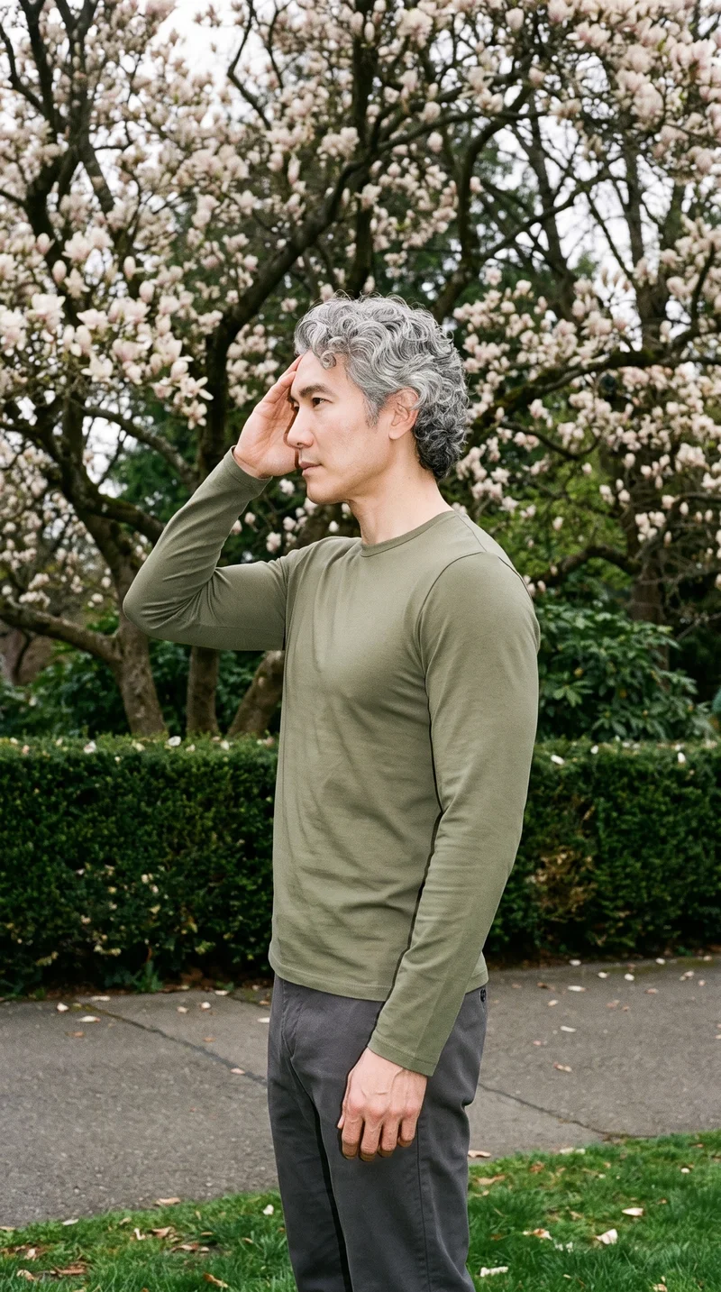 A 49-year-old Chinese man wears an olive cotton long-sleeve tee in an upper-body side-view composition. He has a neutral expression with one hand resting at his temple, against a Magnolia Tree Park backdrop.