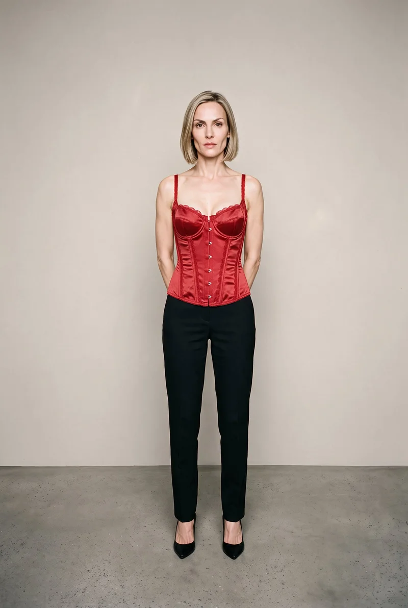 A 44-year-old Caucasian woman wears a red satin basque in a full-body front view, standing with her hands behind her back. A greige studio-wall backdrop frames the clean composition.