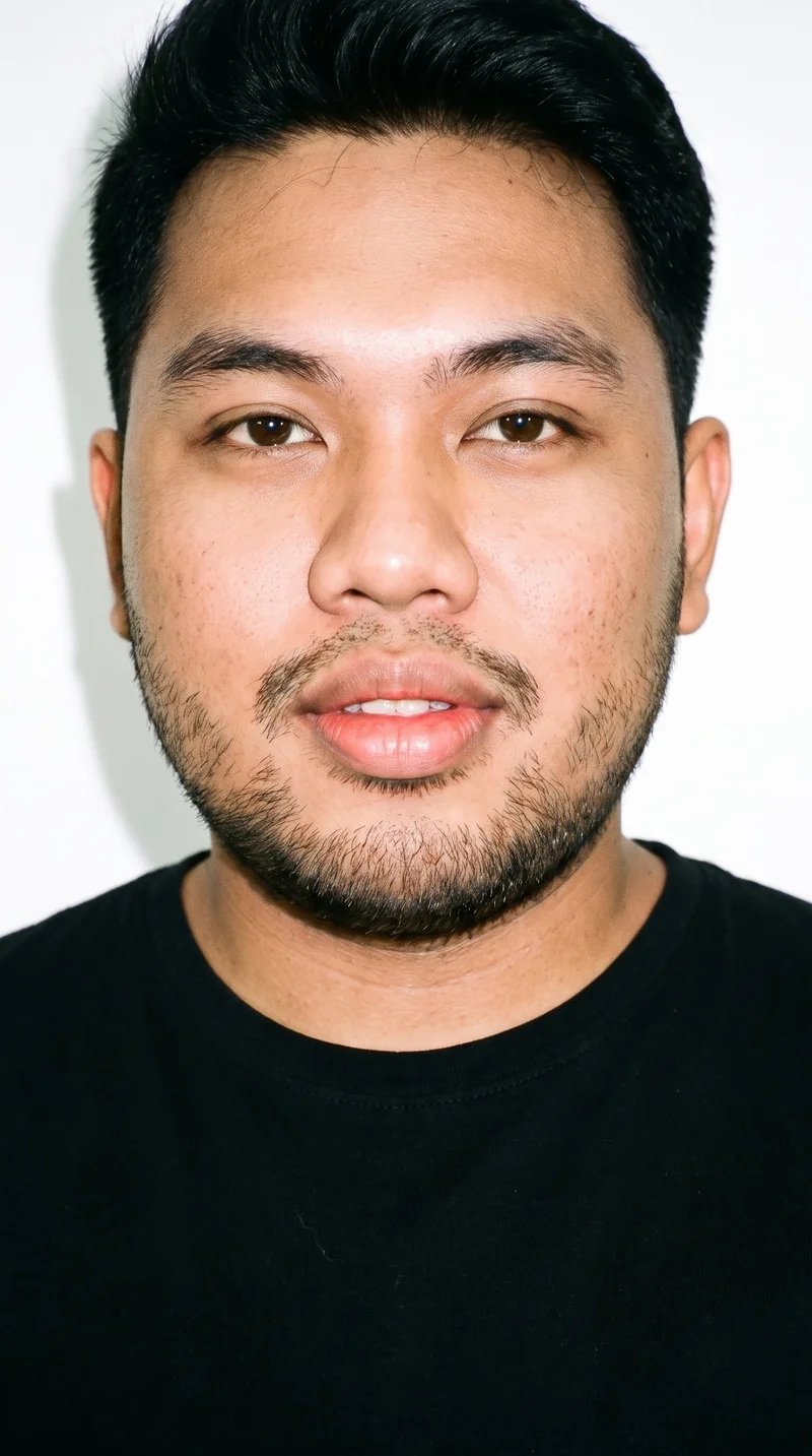 A 23-year-old Southeast Asian man with brown skin and a warm yellow undertone. His oval face has balanced proportions and a softly rounded jaw, with thin eyebrows, brown eyes, and very full lips. His black hair is styled in a taper, gradually shortened at the sides and neckline while retaining length on top. Dense heavy stubble forms a dark, defined layer across the beard area.