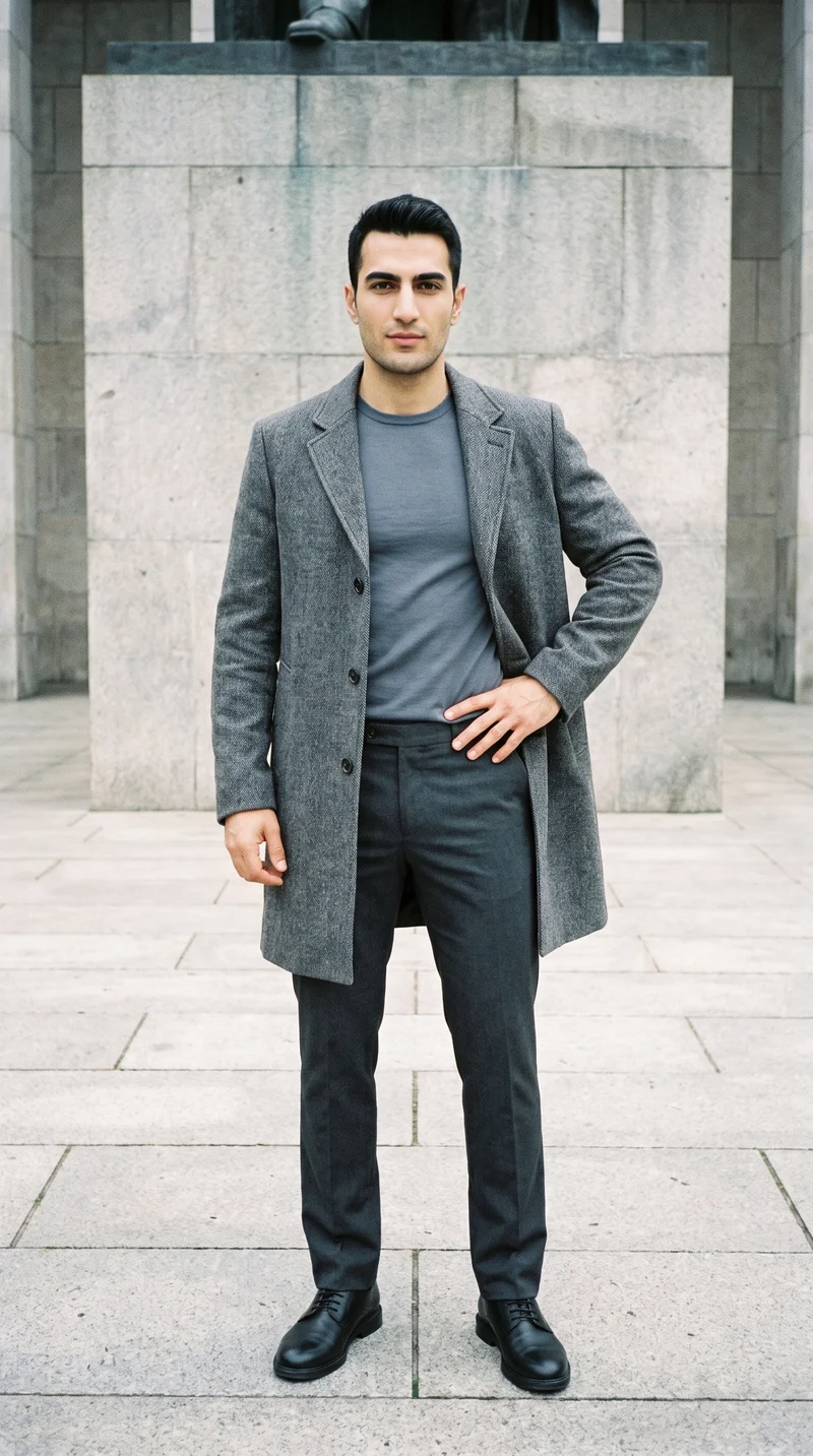 Men's Charcoal Overcoat, Full body at Front, Clean Catalog lighting