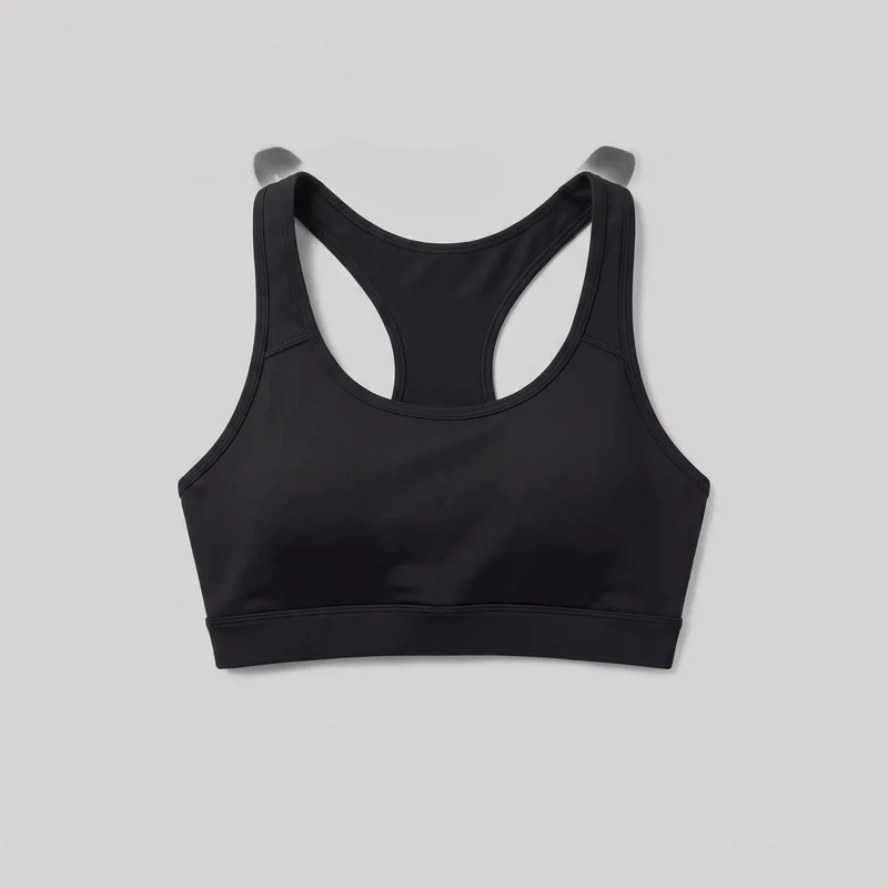 A black cropped sports bra hangs on a hanger in a standalone product view. The garment has a body-skimming compression silhouette, scoop neckline, sleeveless racerback construction, wide shoulder straps, large arm openings, bound edges, a horizontal underbust seam, and a wide straight bottom band.
