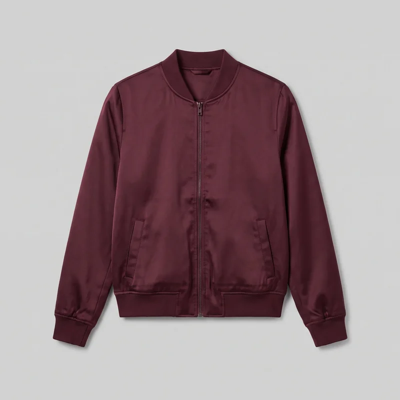 A mostly complete front view of a women's burgundy satin bomber jacket laid flat against an unspecified backdrop. The waist-length jacket has a slightly relaxed silhouette, ribbed stand collar, long sleeves, ribbed cuffs, straight ribbed hem, full-length center zipper, and two low-set angled welt pockets.