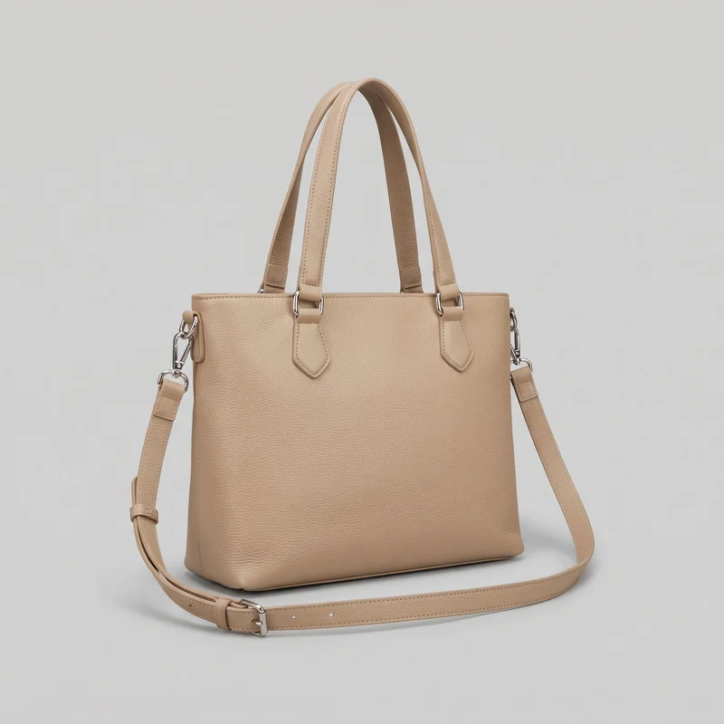 A beige structured tote bag is shown mostly complete as a standalone product, with a portrait-rectangular shape, flat base, straight front panel, squared top edge, and slightly boxed sides. Two arched top handles attach through stitched tabs with metal ring hardware, while a removable adjustable shoulder strap is clipped to the side D-rings and laid around the base. The finely pebbled exterior has visible top-edge stitching and reinforced handle bases, with a plain front face and no visible exterior pockets, logos, prints, or embellishments.