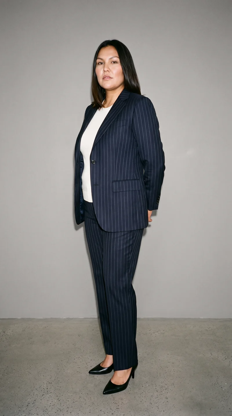 A 34-year-old Indigenous American woman wears a navy pinstripe trouser suit in a full-body view from the front three-quarter angle. She stands with her hands behind her back and a neutral facial expression against a studio grey backdrop.