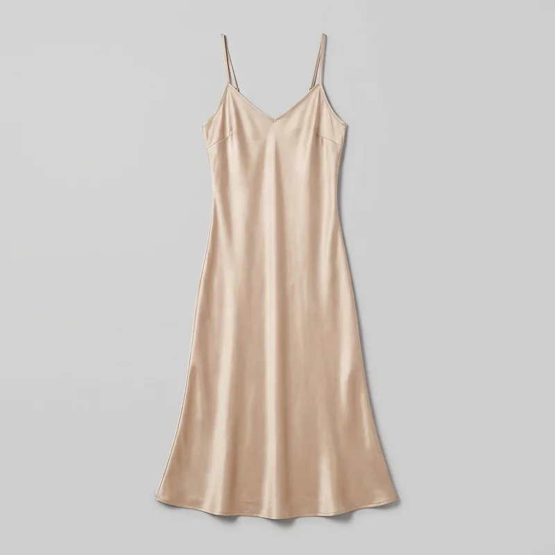 A complete front view of a champagne-colored sleeveless slip dress laid flat. It has narrow spaghetti straps, a V neckline, low-cut armholes, a slim bias-cut silhouette, a fitted bodice with diagonal bust darts, and a gently flared long skirt ending in a softly curved sweep hem with a narrow stitched finish. No closures, pockets, logos, prints, or embellishments are visible.