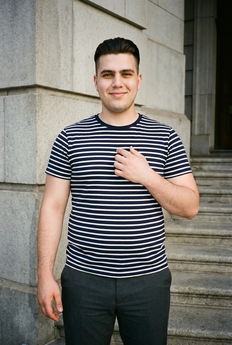 A smiling 19-year-old Caucasian man is shown from the front in an upper-body view, with his fingers at his chest. He is wearing a striped cotton T-shirt, with a courthouse steps backdrop.
