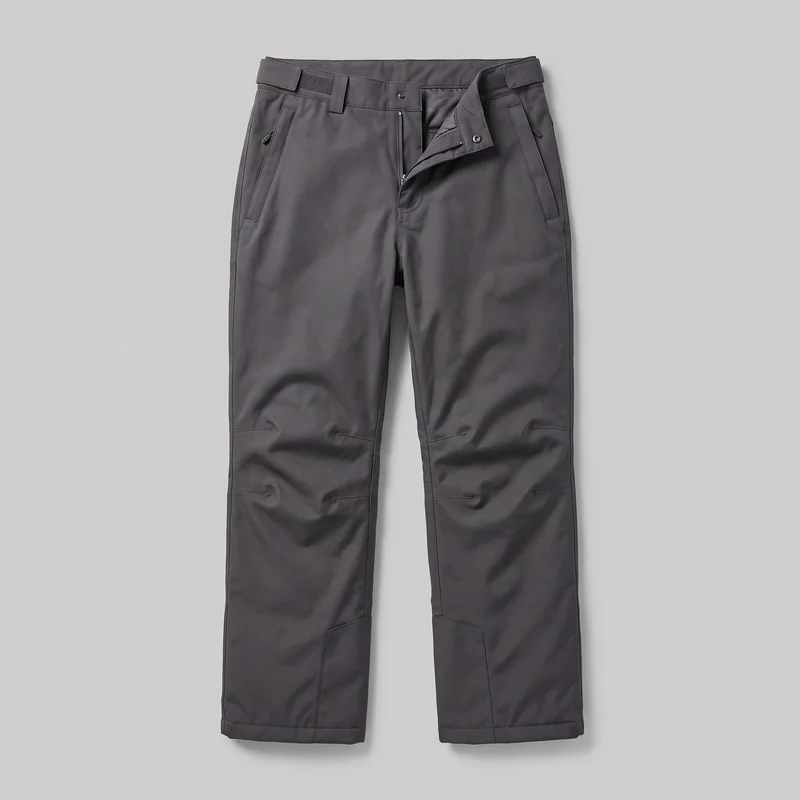 Men's grey waterproof ski trousers shown in a complete front flat-lay view. The full-length, straight-leg design has a structured waistband with belt loops, side adjustment tabs, and a partly open front fly with an exposed zipper and snap fastening. Two angled zip hand pockets, leg panel seams, articulated knee darts, lower-leg reinforcement panels, and straight hems are visible.