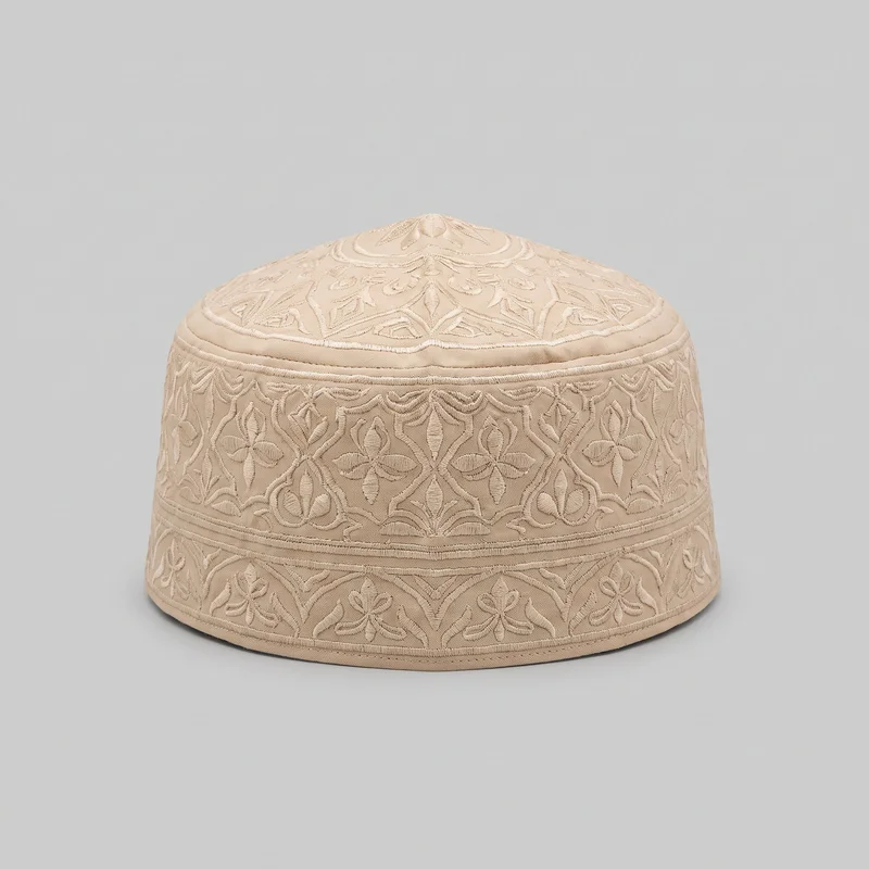 A beige embroidered kufi is shown as a standalone product from a slightly elevated front angle. The brimless cap has a close-fitting rounded cylindrical shape, a gently domed crown, structured horizontal side bands, and a defined lower edge. Raised tonal embroidery forms floral, leaf, scroll, and geometric motifs, with repeating vertical arabesque panels around the sides and a centered medallion-like pattern on the crown.