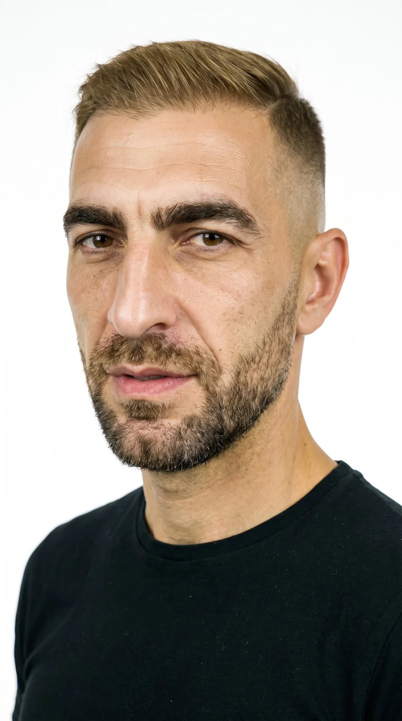 A 51-year-old Caucasian man with medium olive skin and a warm golden, greenish undertone has a weathered face with characterful, strongly defined features. His eyebrows are medium in thickness, and his eyes are brown. He has full lips and a short, structured boxed beard with defined edges along the cheeks and jaw. His dark-blonde hair is longer on top and tapers to very short sides, blending down to the skin.