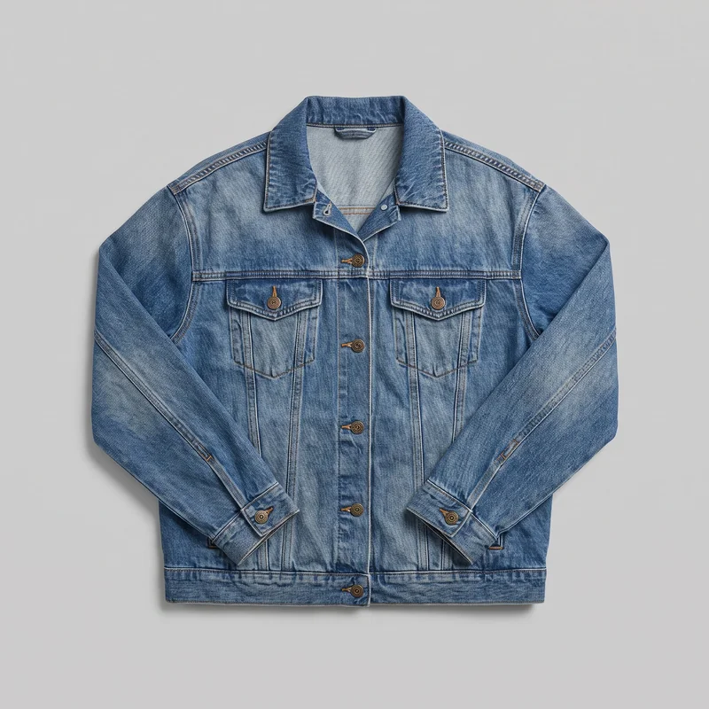 A mostly complete front view of a women's mid-wash oversized denim trucker jacket laid flat against a backdrop. The waist-length jacket has a pointed spread collar, long sleeves with button cuffs, a full metal-button front, two button-flap chest pockets, vertical panel seams, lower welt-style pocket openings, and contrast topstitching along the collar, seams, pockets, cuffs, and hem band.