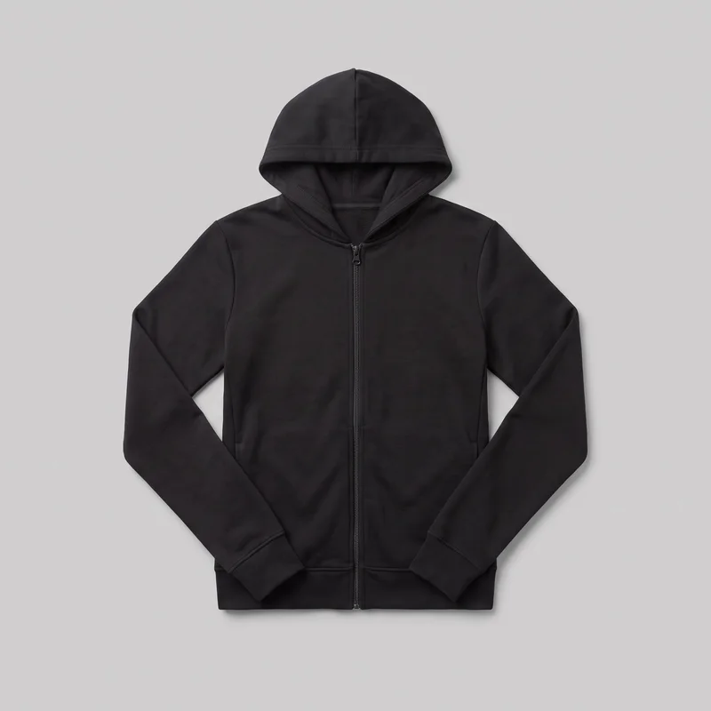 A black women's full-zip hooded sweatshirt is shown in a flat standalone front view, mostly complete. The regular-fit, hip-length design has set-in shoulders, long sleeves, a visible center-front zipper and pull, two lower front slash hand-warmer pockets, ribbed cuffs, and a straight ribbed bottom hem. The paneled hood has a center seam and stitched front edge, with no visible drawcord, logos, prints, patches, embroidery, or embellishments.