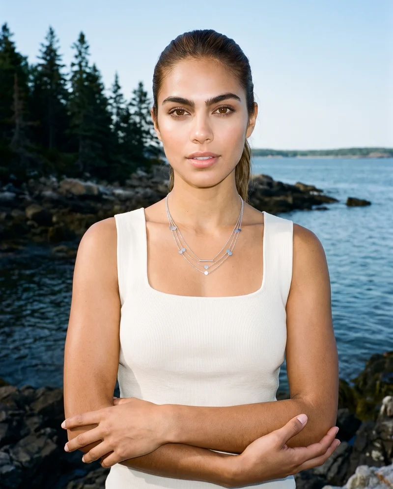 Women's Silver Layered Necklace, Upper body at Three-quarter, Clean Catalog lighting