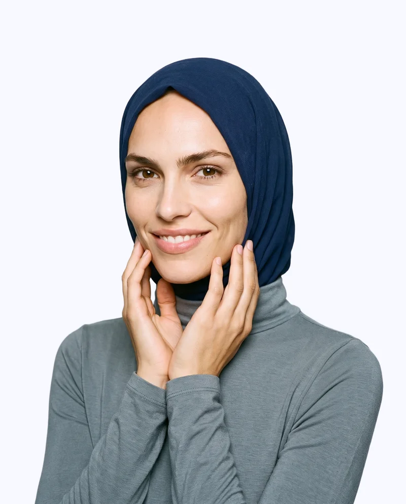 Navy Cotton Hijab, Bust at Three-quarter, Studio Cutout lighting