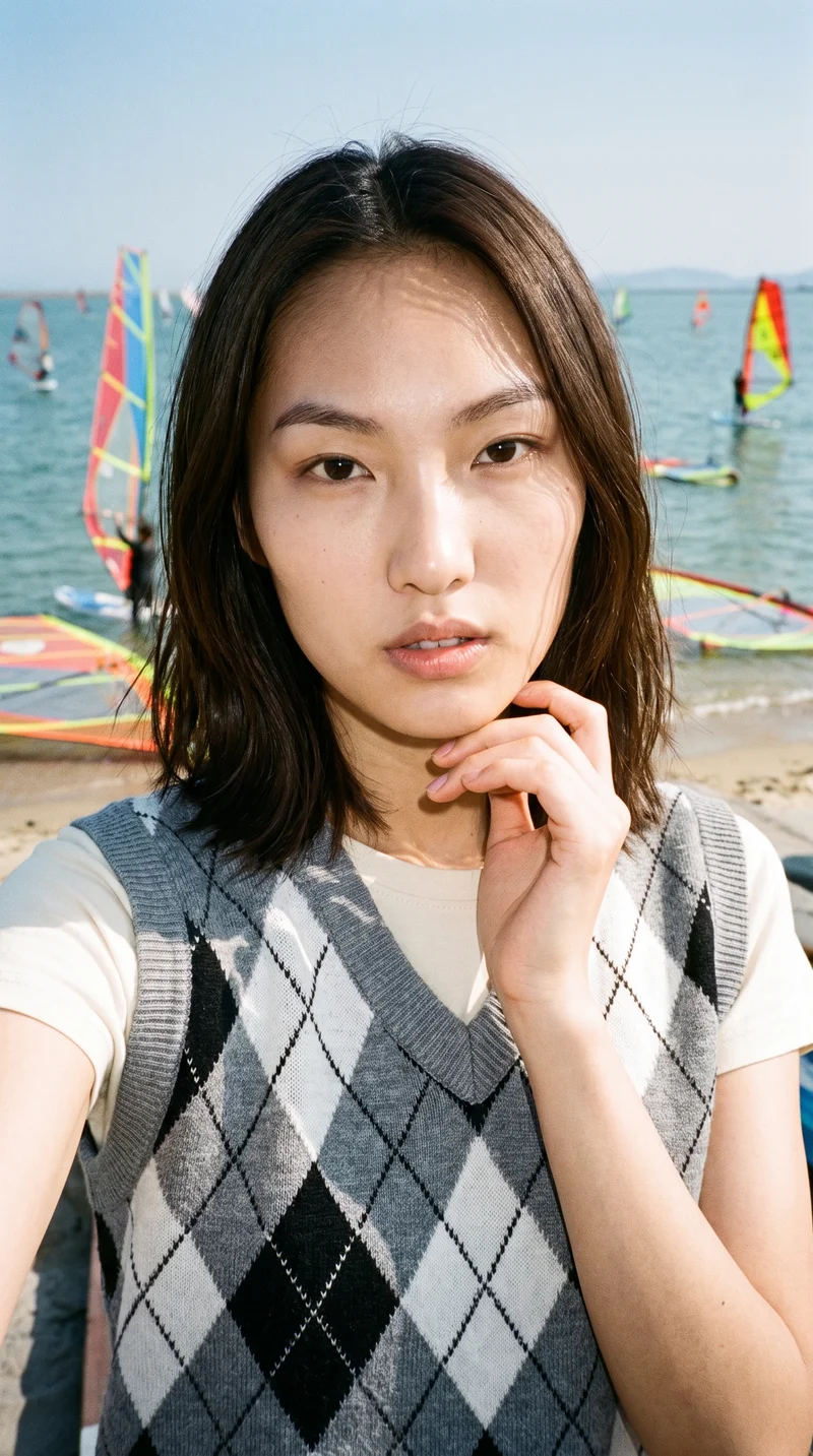 Women's Grey Argyle Sweater Vest, Selfie at Front, Flash Editorial lighting