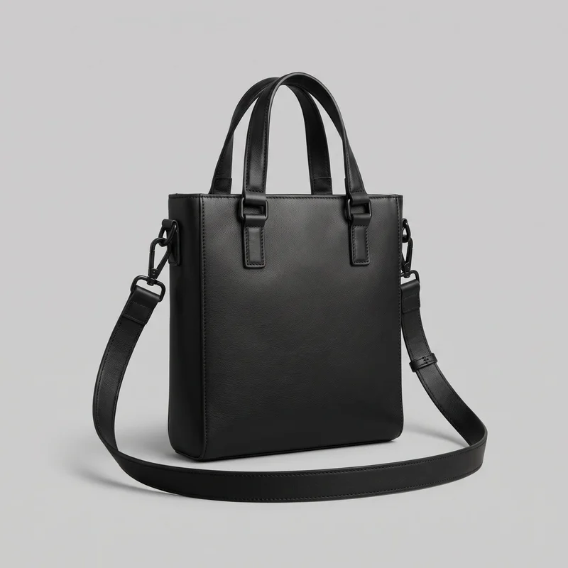 A structured black leather crossbody bag is shown mostly from the front in a standalone view. The rectangular body has a flat base, squared side gussets, a straight top rim, two arched top handles, tonal hardware, and a removable shoulder strap attached at the side rings; the strap drapes around the lower front. Visible details include stitched edges, reinforced handle tabs, rectangular strap loops, rounded piping, and topstitching, with no visible logos or embellishments.