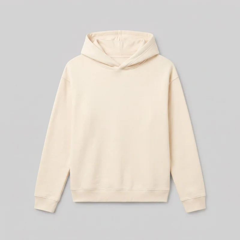 A cream women's pullover hoodie is shown as a mostly complete, centered standalone product view. The front body, attached hood with overlapping panels, long sleeves, dropped shoulders, ribbed cuffs, and straight ribbed hem are visible. The relaxed, hip-length design has a plain front with no visible closure, pockets, logos, prints, patches, embroidery, or embellishments.