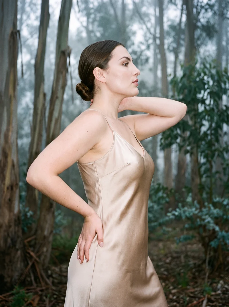 A 25-year-old Caucasian woman wears a champagne slip dress in an upper-body side view, with one hand behind her neck and a natural facial expression. An eucalyptus fog park grove forms the backdrop.