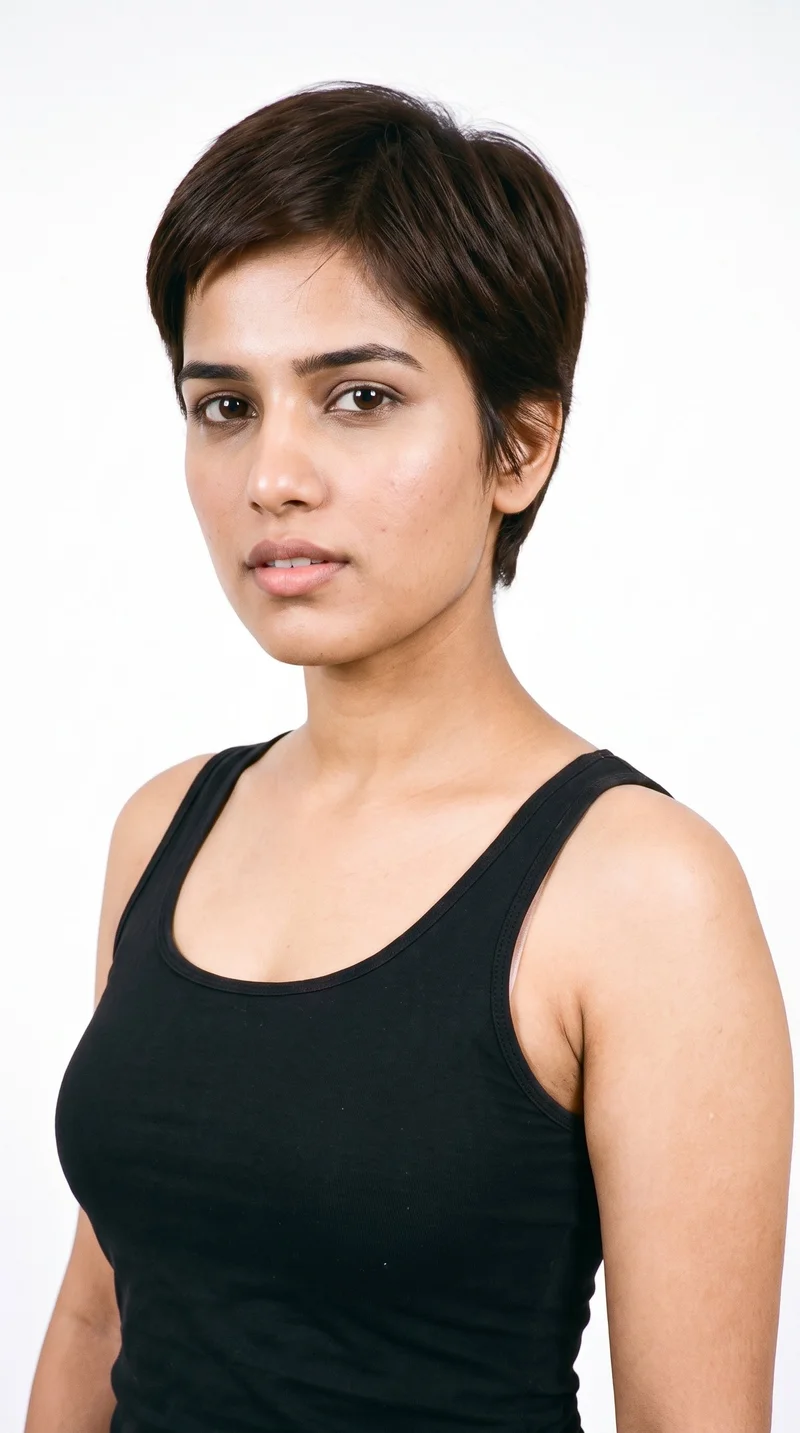 This 20-year-old Indian woman has a medium skin tone with a warm golden undertone. Her square face has a broad forehead and a strong, defined jaw, creating an angular, structured appearance. She has medium-thickness eyebrows, very dark near-black eyes, and medium lips. Her dark-brown hair is styled in a very short pixie cut, close at the sides with more length on top.