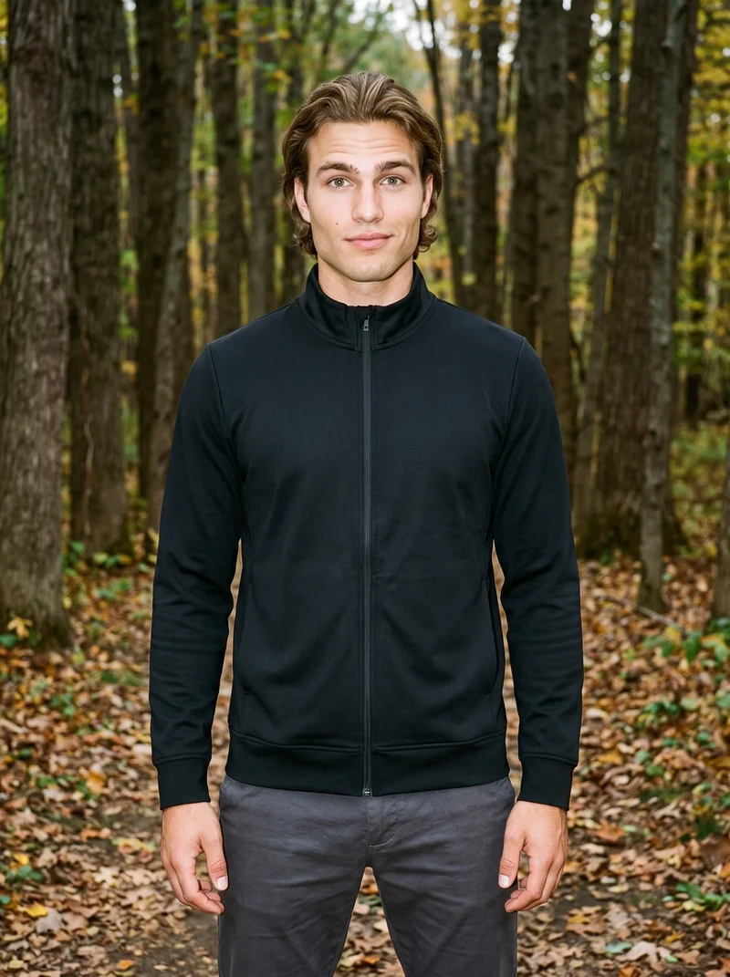 Men's Black Track Jacket, Three-quarter length at Front, Natural E-Commerce lighting