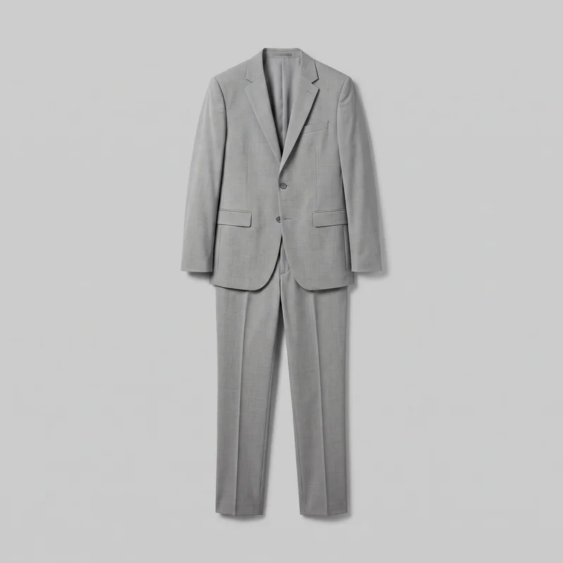 A complete front-facing view of a men’s light grey two-piece tailored suit, with a single-breasted blazer layered over matching straight-leg trousers. The blazer has structured shoulders, long sleeves, notch lapels, a two-button closure, a welt chest pocket, and two front flap pockets. The trousers have full-length straight legs with pressed front creases, and the fabric has a subtle crosshatch weave.
