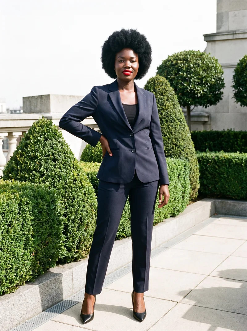 A 32-year-old African woman wears a navy two-piece suit in a full-body front view, standing with one hand on her hip and a confident expression. A formal rooftop garden serves as the backdrop.