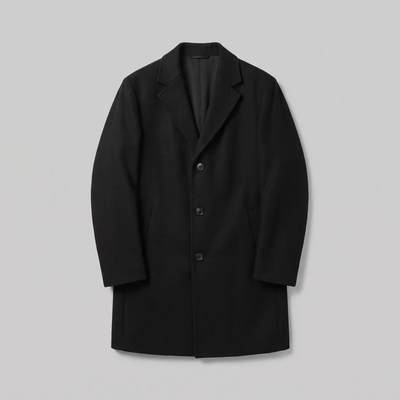 A mostly complete front view of a black men's single-breasted overcoat with a straight, regular silhouette, structured shoulders, and long set-in sleeves. It has notched lapels forming an open V-shaped neckline, a three-button front closure with visible buttonholes, two low angled welt pockets, and a straight lower hem. No logos, prints, patches, embroidery, or embellishments are visible.