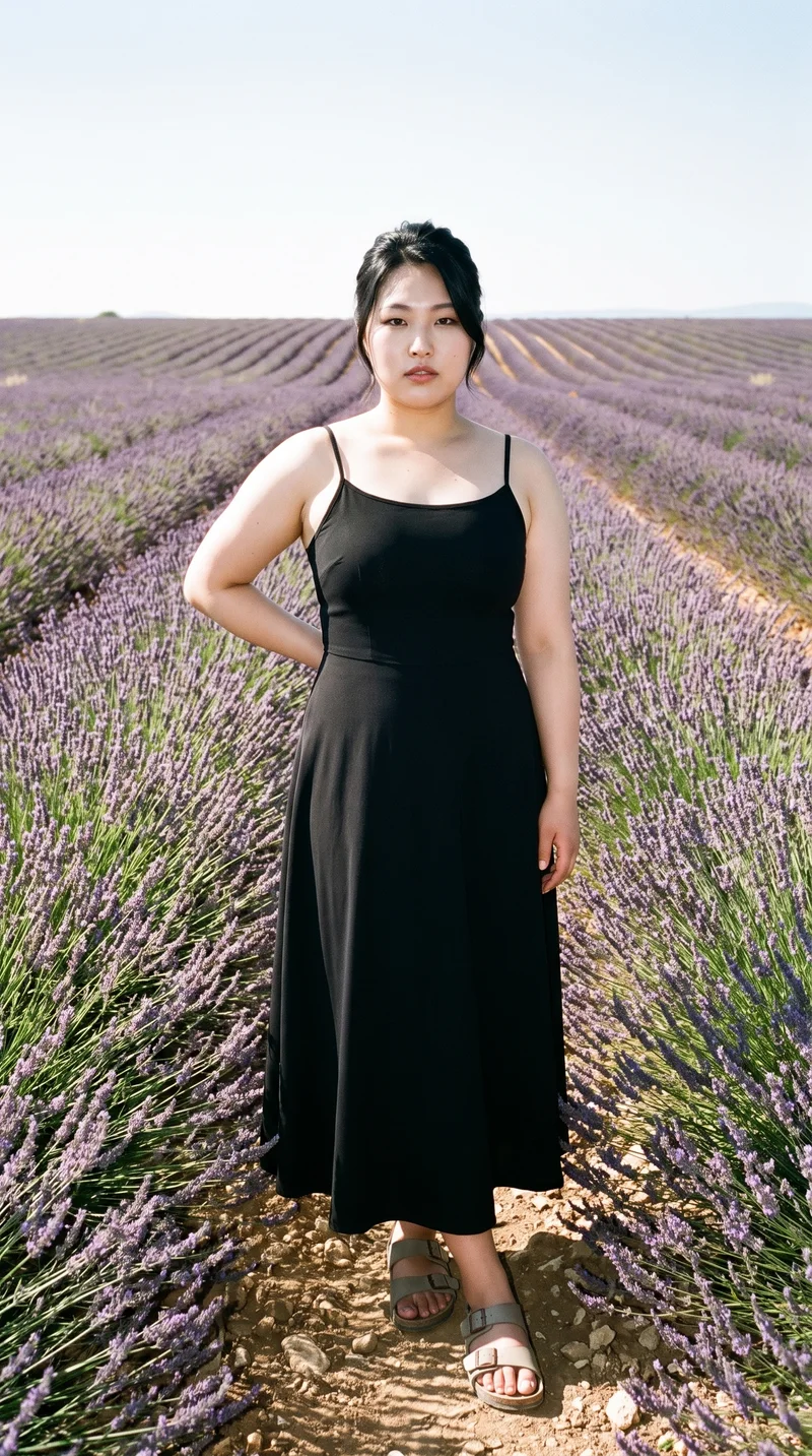 A 21-year-old Japanese woman is shown full body from the front wearing a black evening gown, with one hand on her lower back and a natural expression. A lavender field forms the backdrop.