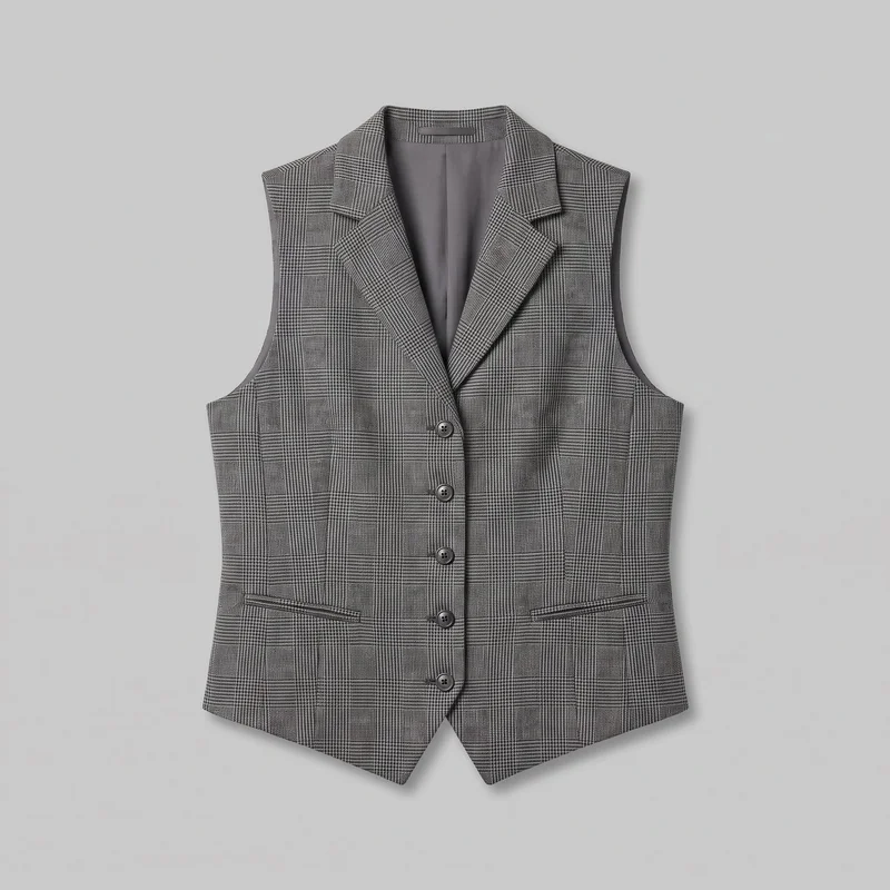 Standalone front view of a women's grey checked waistcoat with a tailored, body-skimming silhouette. The sleeveless design has broad shoulder coverage, a deep V front, notched lapels, five visible buttons, two lower horizontal welt pockets, and an angled pointed hem with a small center notch.