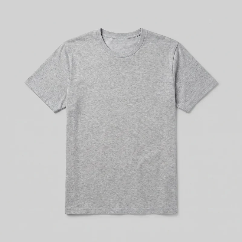 A mostly complete flat view of a grey marl short-sleeve crew-neck T-shirt, showing its front body, rounded ribbed neckband, set-in sleeves, visible shoulder and sleeve seams, and straight full-length hem. The shirt has an all-over fine heathered appearance with double-stitched sleeve openings and hem, and no visible logos, prints, patches, embroidery, or embellishments.