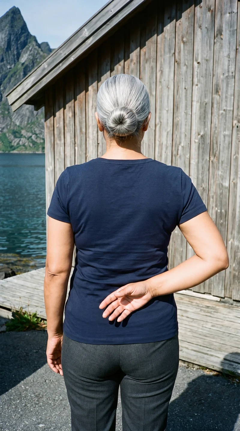 Women's Navy V-Neck T-shirt, Three-quarter length at Back, Flash Editorial lighting