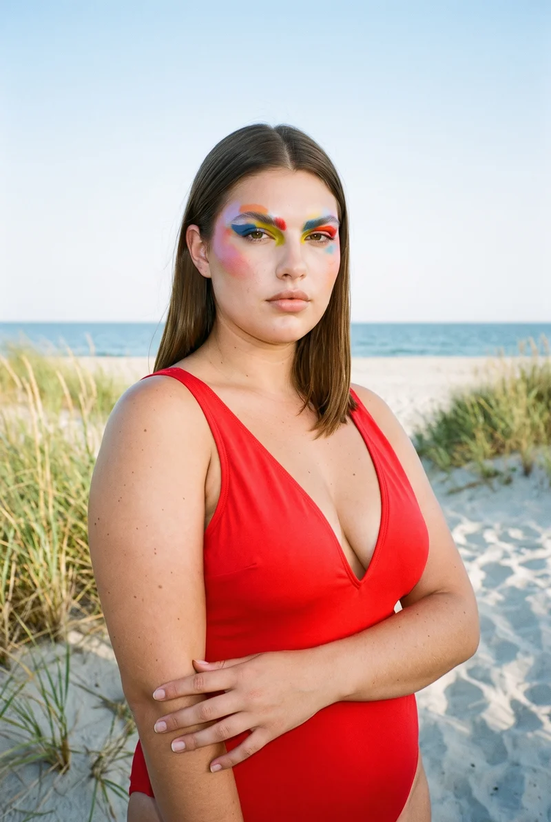 Red Plunge One-Piece Swimsuit, Upper body at Three-quarter, Natural E-Commerce lighting