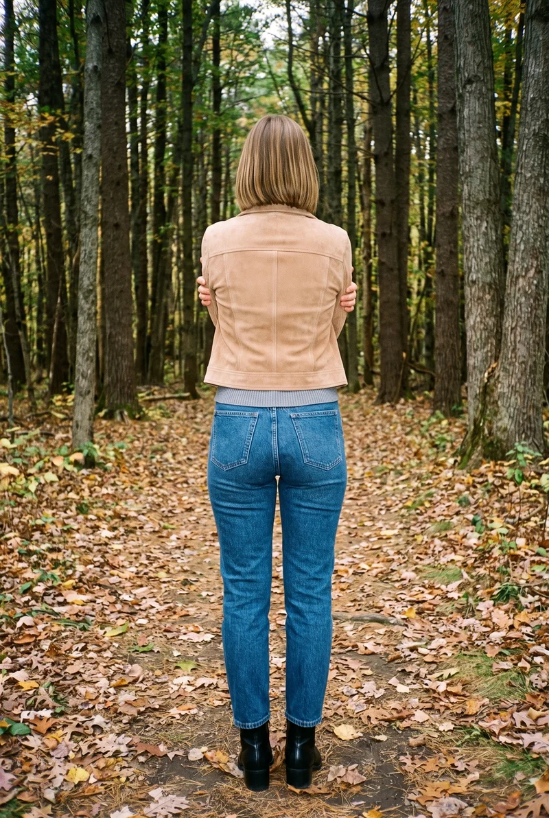 A 24-year-old Caucasian woman is shown full body from the back wearing a women's tan suede jacket in a self-hug pose. An autumn forest serves as the backdrop.