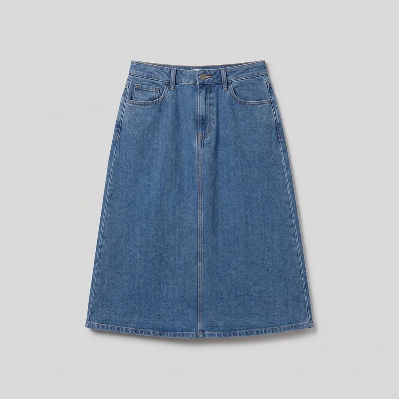 A complete front flat-lay view shows a women’s denim A-line skirt with a fitted waistband, belt loops, centered button, fly placket, and high-waisted cut. Curved front hip pockets include a small coin pocket, while contrast topstitching outlines the waistband, pockets, seams, fly area, belt loops, and wide straight hem.