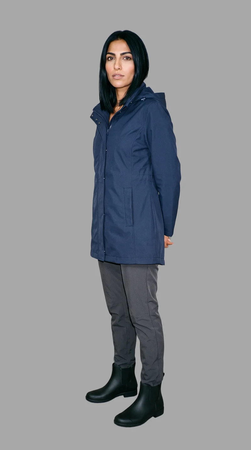 Women's Navy Waterproof Raincoat, Full body at Three-quarter, Studio Cutout lighting