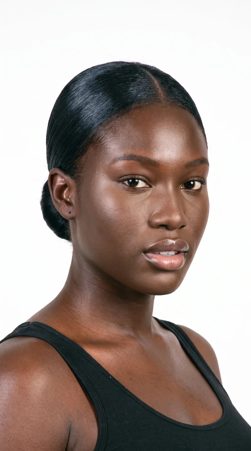 This 20-year-old African woman has dark-brown skin with a neutral undertone and a triangular face, defined by a wide jaw that narrows toward the forehead. She has thick eyebrows, very dark near-black eyes, and full lips. Her deep black hair is smoothed back into a neat low bun at the nape.