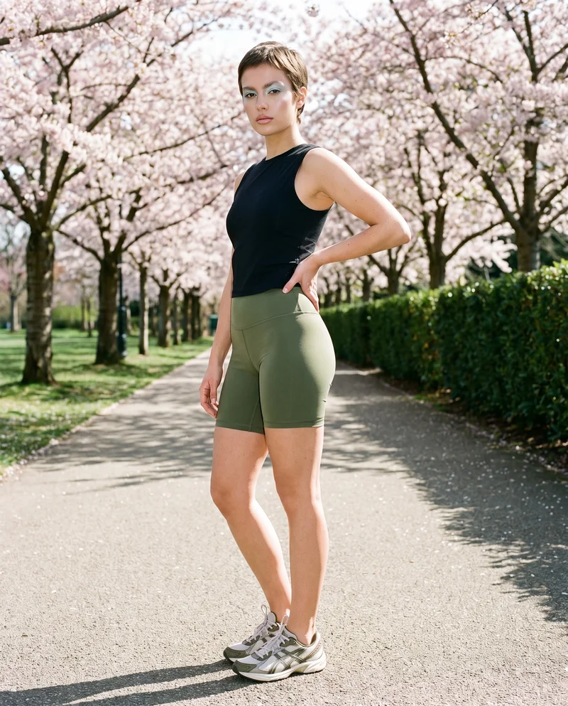 A 25-year-old Slavic woman is shown full body from a front three-quarter angle wearing women's olive training shorts, with one hand on her hip and a confident expression. A Cherry Blossom Park backdrop is visible behind her.