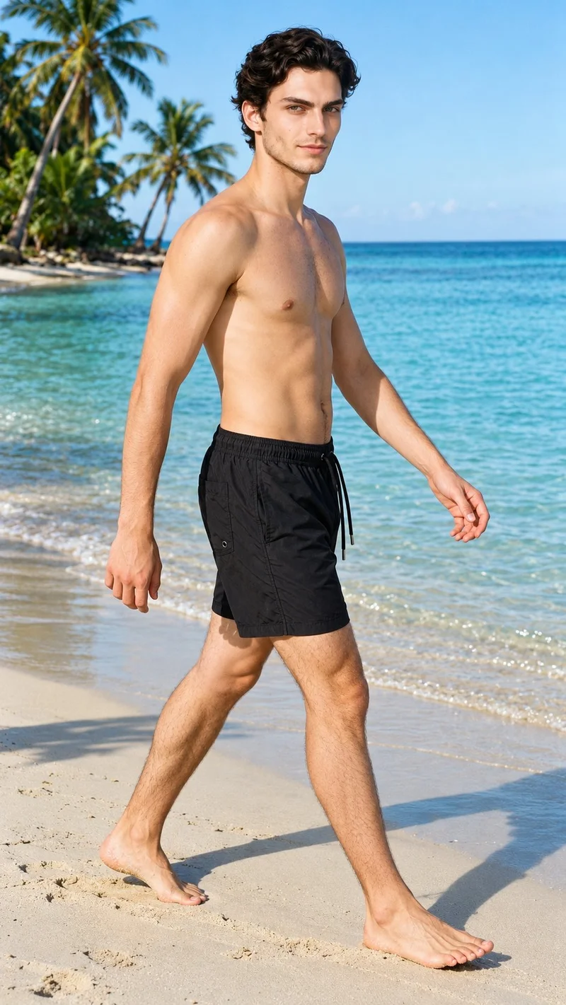 An 18-year-old Caucasian man is shown full body from an angled front view while walking in black swim trunks. He has a natural facial expression, with a palm tree beach backdrop behind him.