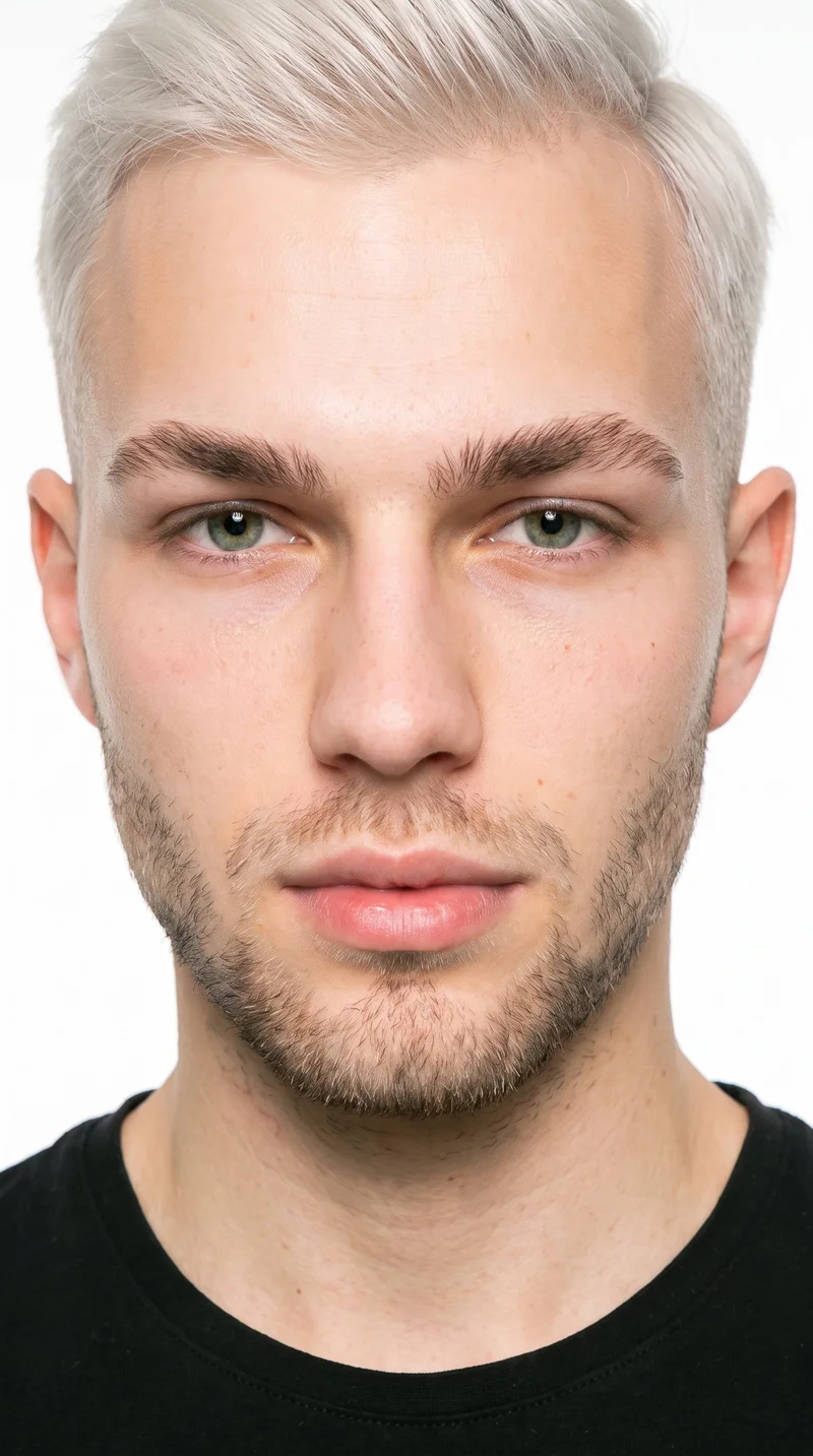 An 18-year-old Caucasian male with lightly tanned fair skin and a cool undertone. His face has smooth, even, softer features with a refined structure. He has thick eyebrows, green eyes, and full lips. His very light, near-white blonde hair is styled in a fade, longer on top and tapering to very short sides that blend down to the skin. Short, even beard growth forms a clearly visible, closely groomed three-day beard.