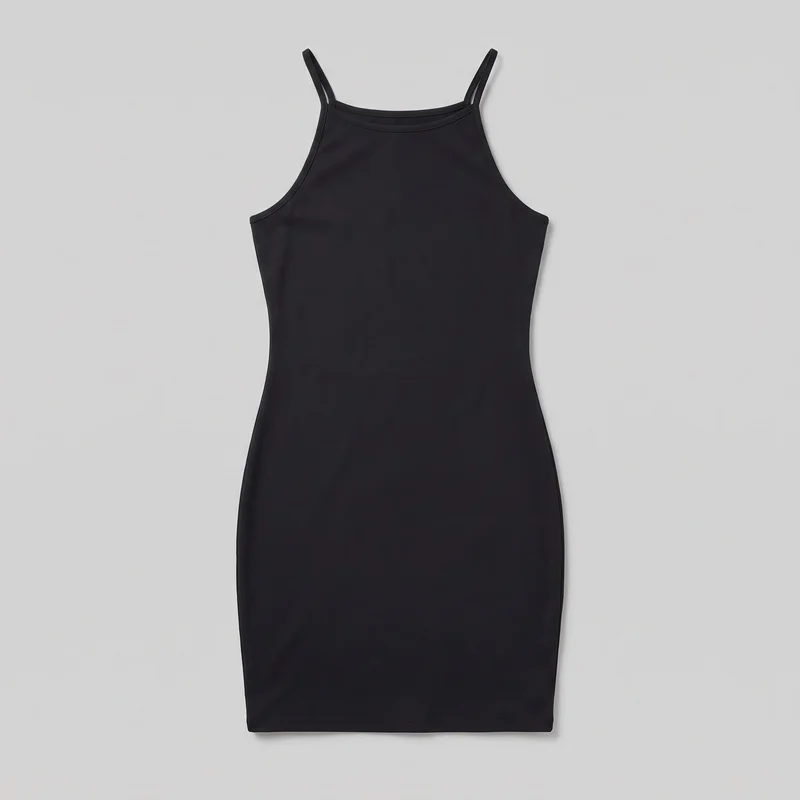 A black women's sleeveless bodycon mini dress is shown as a standalone flat product view, mostly complete from its thin shoulder straps to the straight bottom hem. The dress has a high straight neckline with a shallow curve, deeply scooped armholes, bound edges around the straps, neckline, and armholes, and a narrow close-fitting column silhouette that tapers through the waist and hips. The front is clean, with no visible pockets, closures, logos, prints, patches, embroidery, or embellishments.