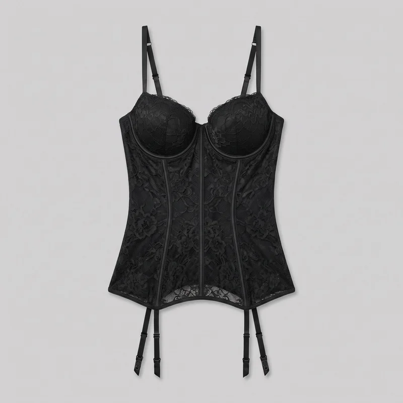 A complete front-facing black lace basque is shown against a plain backdrop. The structured bustier has molded underwire cups, a low sweetheart neckline, narrow adjustable shoulder straps, floral lace across the cups and bodice, scalloped cup-edge trim, vertical corset-style boning channels, and an extended upper-hip bodice with a slightly dipped center front hem. Four adjustable garter straps with sliders and clip hardware hang from the lower hem.