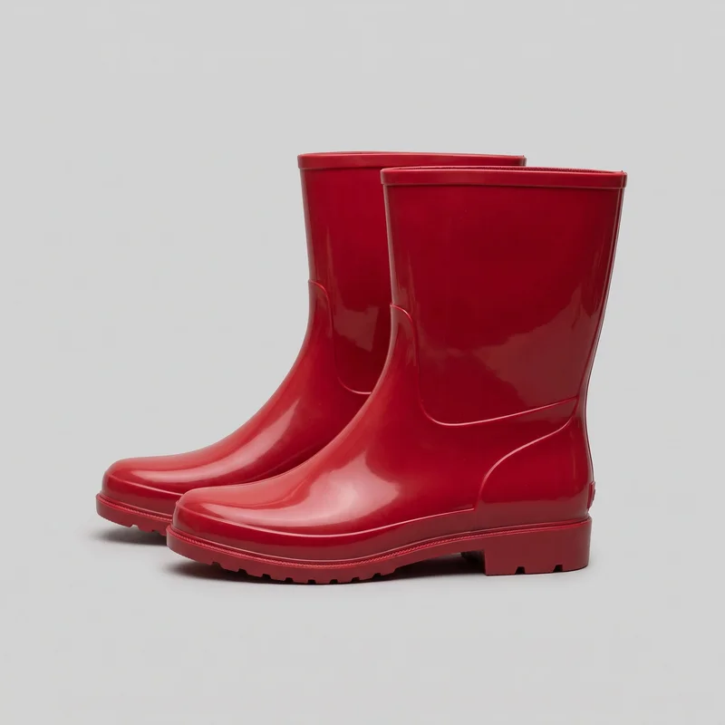 A complete matching pair of red pull-on rain boots is shown as a standalone product, viewed from a three-quarter side angle. The boots have tall straight shafts with raised top rims, rounded closed toes, low block heels, and thick lugged outsoles. Their smooth high-shine finish includes molded construction lines, defined toe and sole rands, and curved side-panel seams around the ankles and heels, with no visible laces, zippers, buckles, logos, prints, or embellishments.