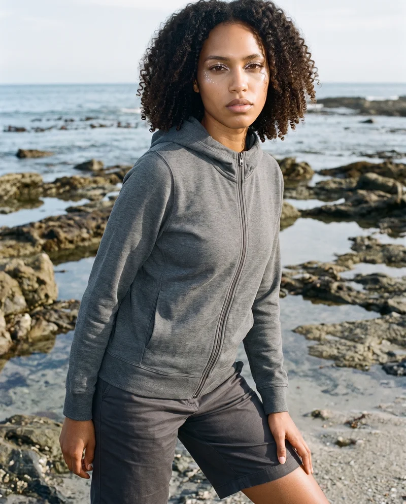 Women's Grey Zip-Up Hoodie, Three-quarter length at Three-quarter, Natural E-Commerce lighting
