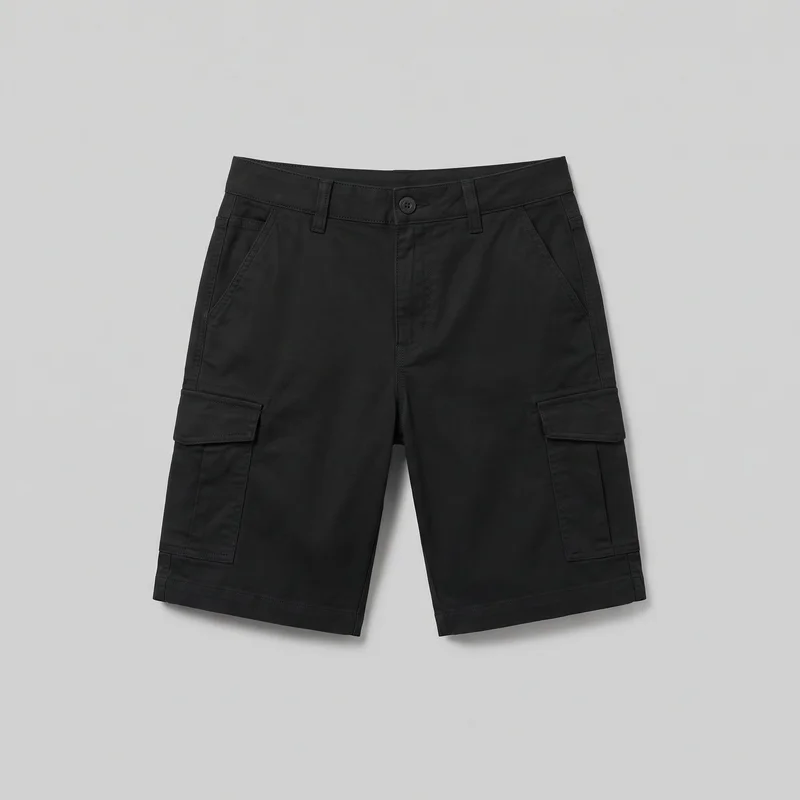 Women's black cargo shorts shown in a standalone front flat-lay view. The regular-fit shorts have a straight-leg, knee-length silhouette, structured waistband with belt loops, front button closure and fly placket, slanted hip pockets, outer-thigh flap cargo pockets, stitched pocket and panel seams, and straight hems.