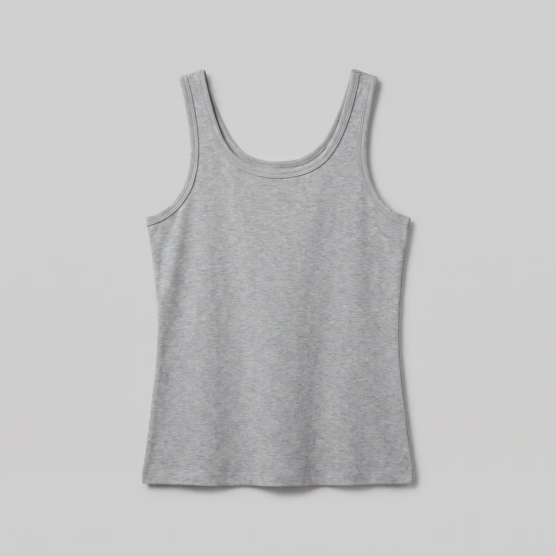 A grey women's sleeveless tank top is shown in a complete front flat-lay view. It has a slim, straight-cut silhouette, a scoop neckline, narrow shoulder straps, deep armholes with raised double-edge binding and parallel stitching, plain side seams, and a straight full-length hem. No closures, pockets, logos, prints, patches, embroidery, or embellishments are visible.