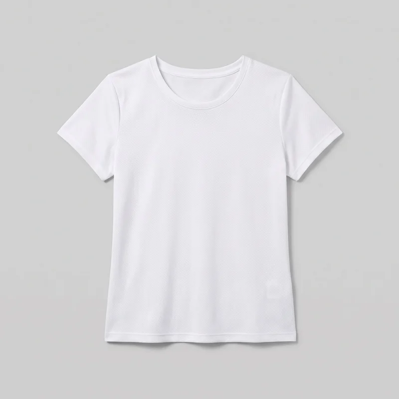 A white athletic short-sleeve T-shirt shown in a complete standalone front view. It has a close-skimming straight fit, crew neckline with a narrow bound neckband and visible seam line, set-in shoulders, short sleeves with folded hems, a fine all-over mesh-like texture, and a straight hip-length hem with double stitching.
