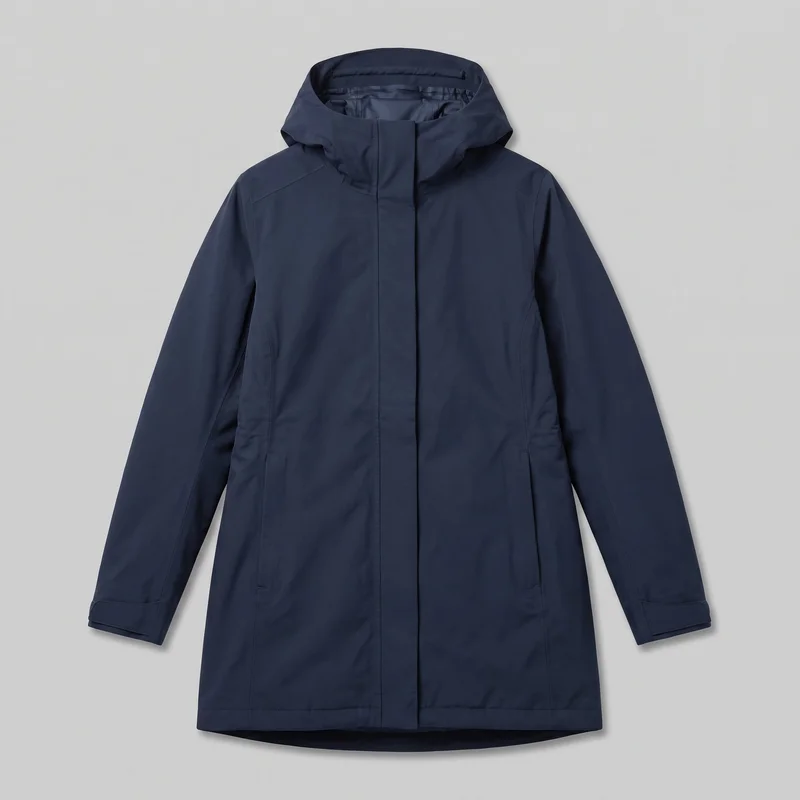 A complete front view of a navy waterproof parka laid flat against a backdrop. The coat has an attached hood with a raised rim and visible internal seaming, a high stand neckline, long sleeves with cuff panels, vertical torso seams, angled shoulder seams, and a concealed full-length central storm placket. Two low slit pockets are set into the side-front panels, and the straight thigh-length body has a clean stitched hem with a slightly curved back hem visible underneath.