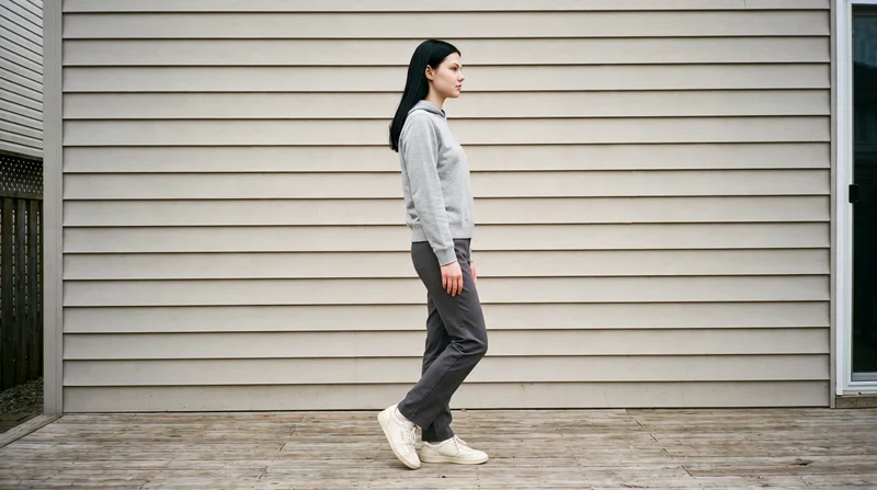 A 19-year-old Caucasian woman wears a grey pullover hoodie in an environmental side-view composition, standing with one hip out and a curious expression. A backyard deck serves as the backdrop.