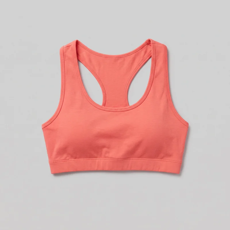 A coral cropped sports bra is shown laid flat, with a close-fitting silhouette, scoop front neckline, wide shoulder straps, sleeveless arm openings, and a straight underbust band. The flat-lay view also reveals the racerback structure and central cutout behind the front, along with the defined binding and topstitching around the edges.
