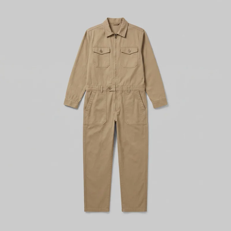 Men's khaki utility boilersuit shown in a full front standalone view, laid flat. The coverall has a pointed fold-down collar, long sleeves, a center front zipper, a defined waistband with belt loops, two chest patch pockets with pointed buttoned flaps, two lower patch pockets with angled openings, and full-length straight legs.